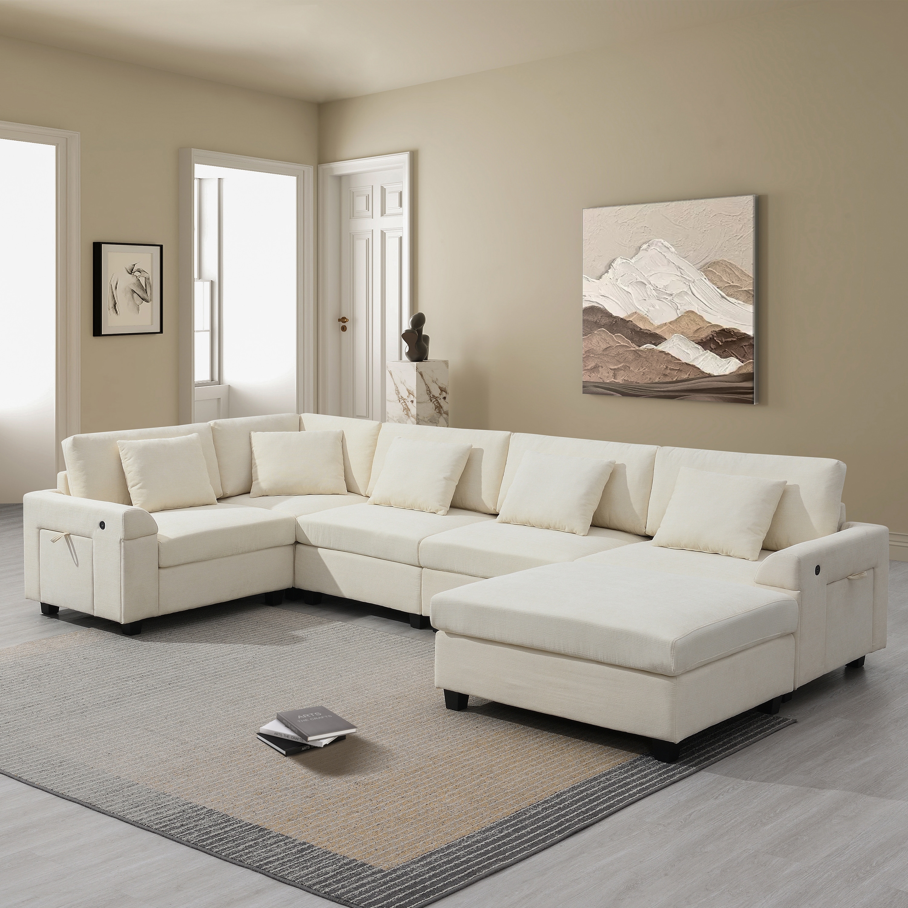 Oversized U-Shaped Modular Sectional Sofa w/ Ottoman & USB Charging Ports