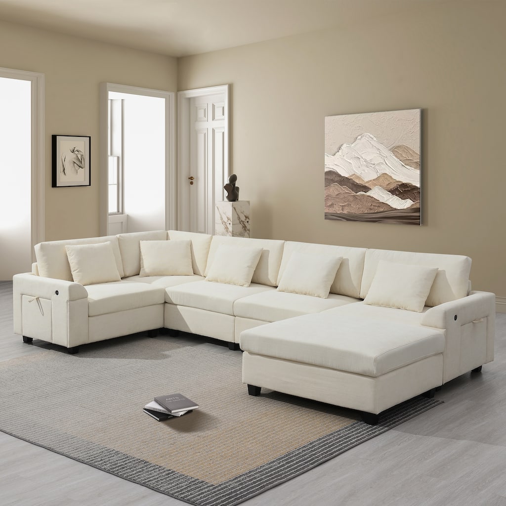 U Shaped Sectional Sofa w/Ottoman, USB, Armrest Storage, Cup Holders