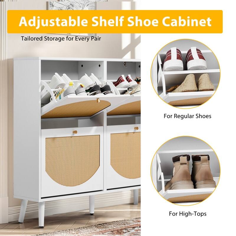 Rattan Shoe Cabinet with 2 / 4 Flip Drawers, Narrow Shoe Storage Cabinet,Organizer for Entryway, Bedroom, Living Room