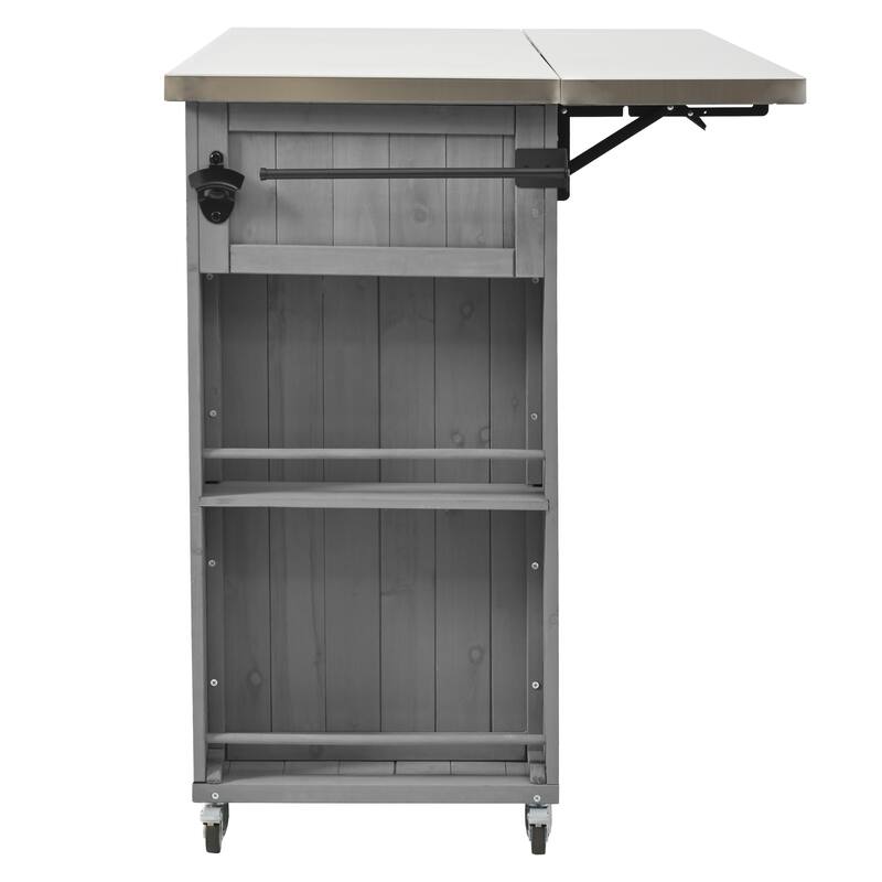 Outdoor Kitchen Island with Foldable Stainless Steel Top & Bottle Opener, Fir Wood Kitchen Island with Shelves and Towel Racks