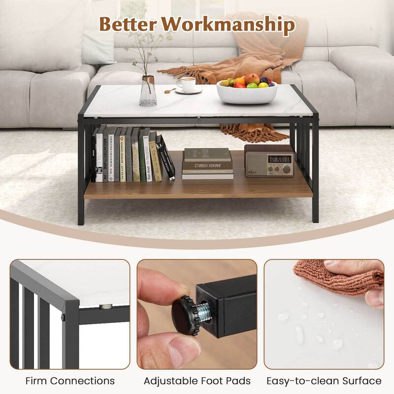 Costway 2-Tier Rectangular Coffee Table with Rock Slab Tabletop Open - See Details