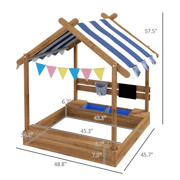 Wooden Sandbox with Canopy House Design for 3-7 Years Old, Brown