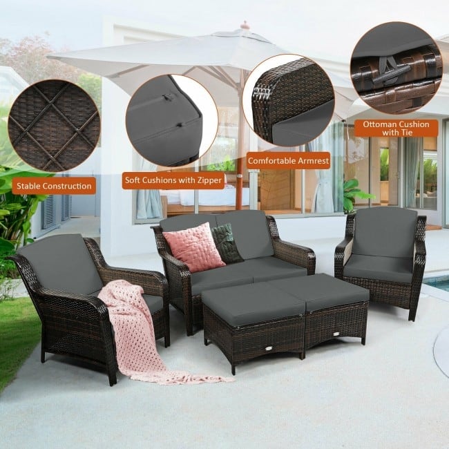 5 Pieces Patio Rattan Sofa Set with Cushion and Ottoman - 51" x 33.5" x 33" (L x W x H)