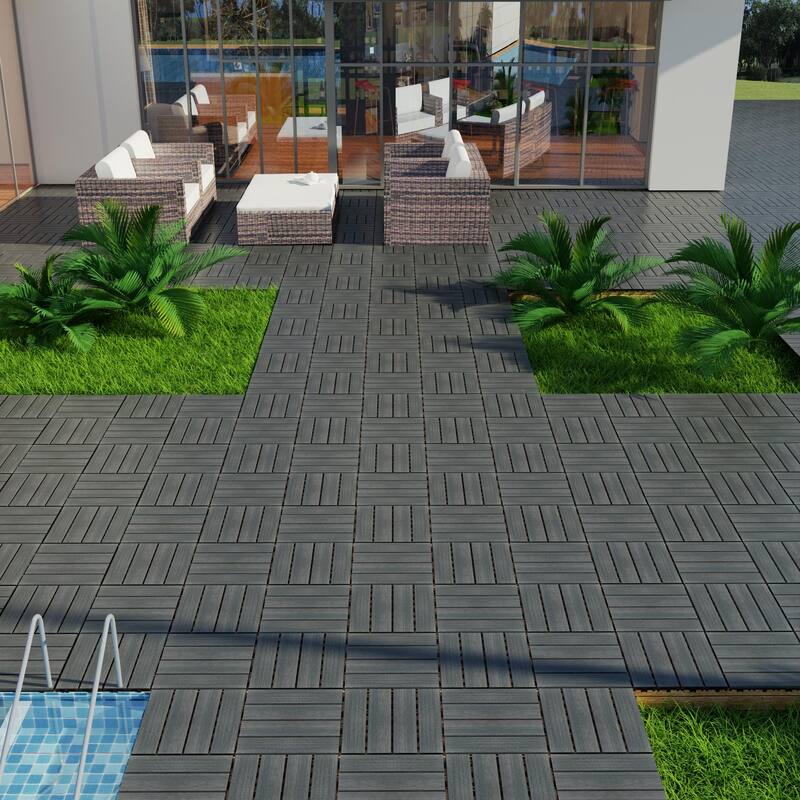 Patio Floor Tiles Pack of 22 WPC Wood-Plastic Composite Patio Deck Tiles DIY Interlocking Decking Tiles-11.8" ASH