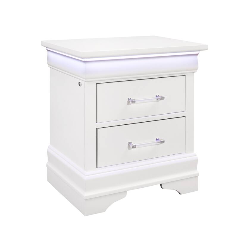 White Nightstand with LED Lighting and Spacious Drawers