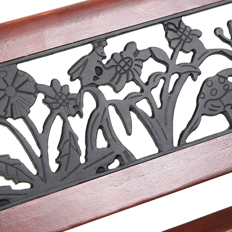 MAISON ARTS Outdoor Garden Bench for Children, 33'' L Metal Bench with Wood Seating & Floral Pattern Back