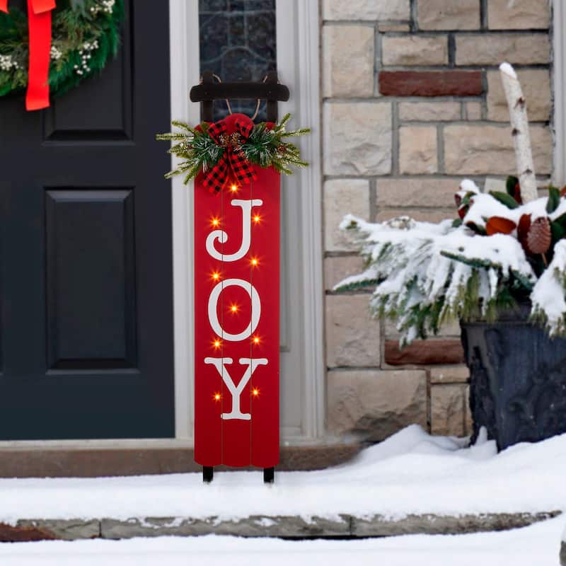 Glitzhome 40"H Lighted or Plaid Wooden JOY Porch Sign - Red