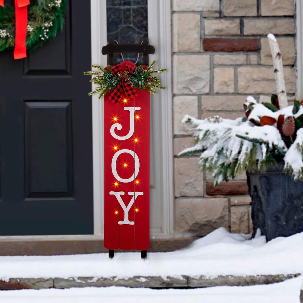 Glitzhome 40"H Lighted or Plaid Wooden JOY Porch Sign - Red
