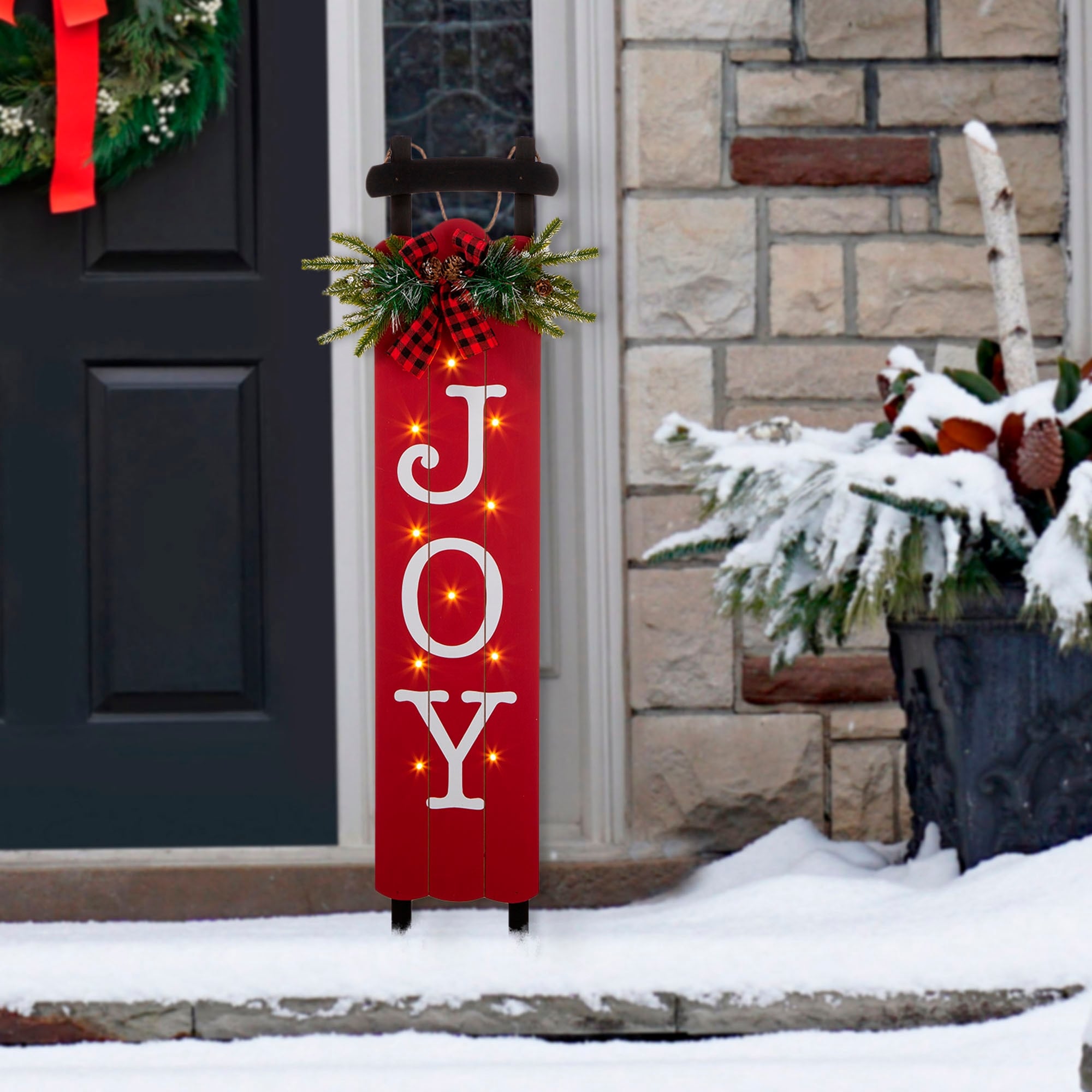 Glitzhome 40.5"H Lighted or Plaid Wooden JOY Porch Sign - Red
