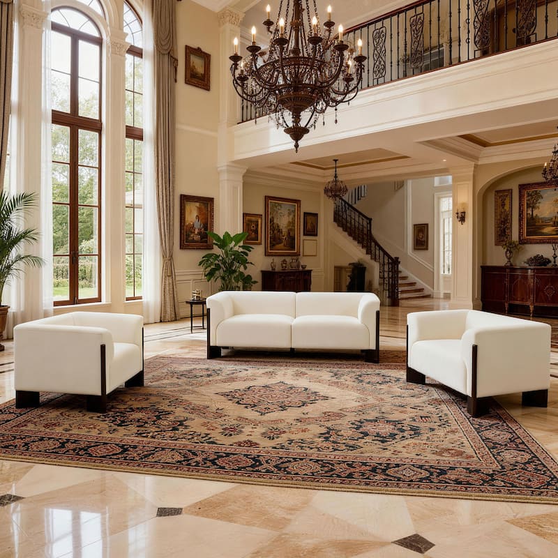 Mid-Century Tuxedo Arm Roomy Barrel Chair Oversized Loveseat Sofa - Beige-Chenille - Set