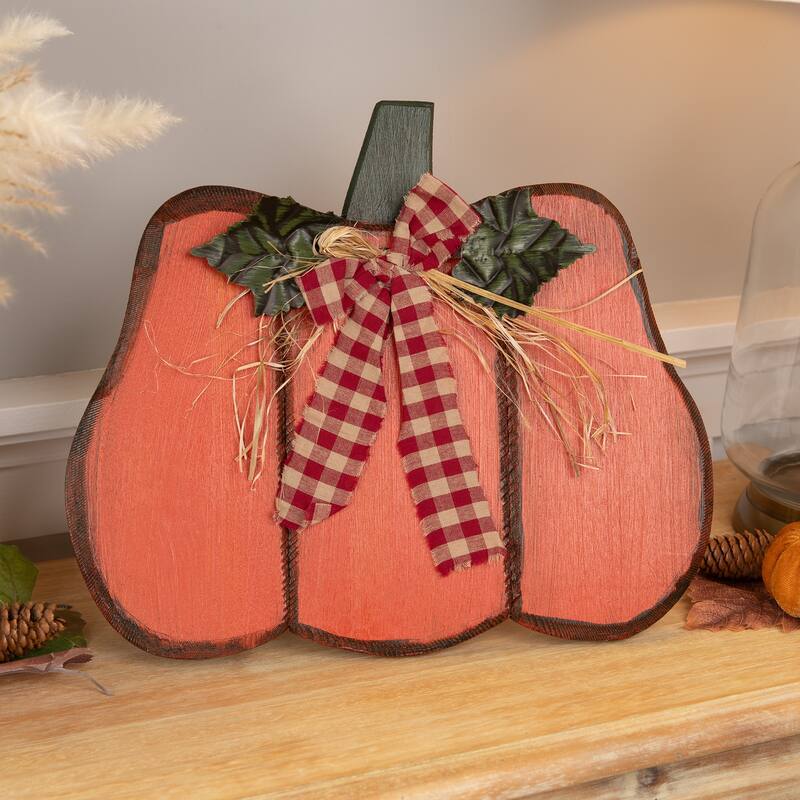 Wooden Pumpkin Fall Harvest Decoration with Bow and Leaves - 15.25"