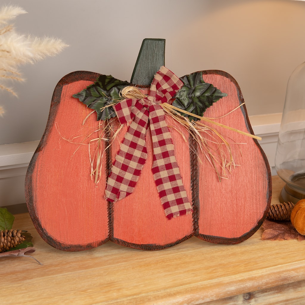 Wooden Pumpkin Fall Harvest Decoration with Bow and Leaves - 15.25"