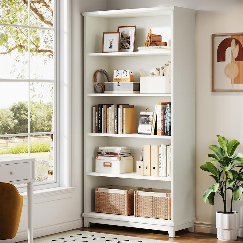 5-Tier White Bookshelf 70-Inch Tall Wooden Bookcase for Home Office