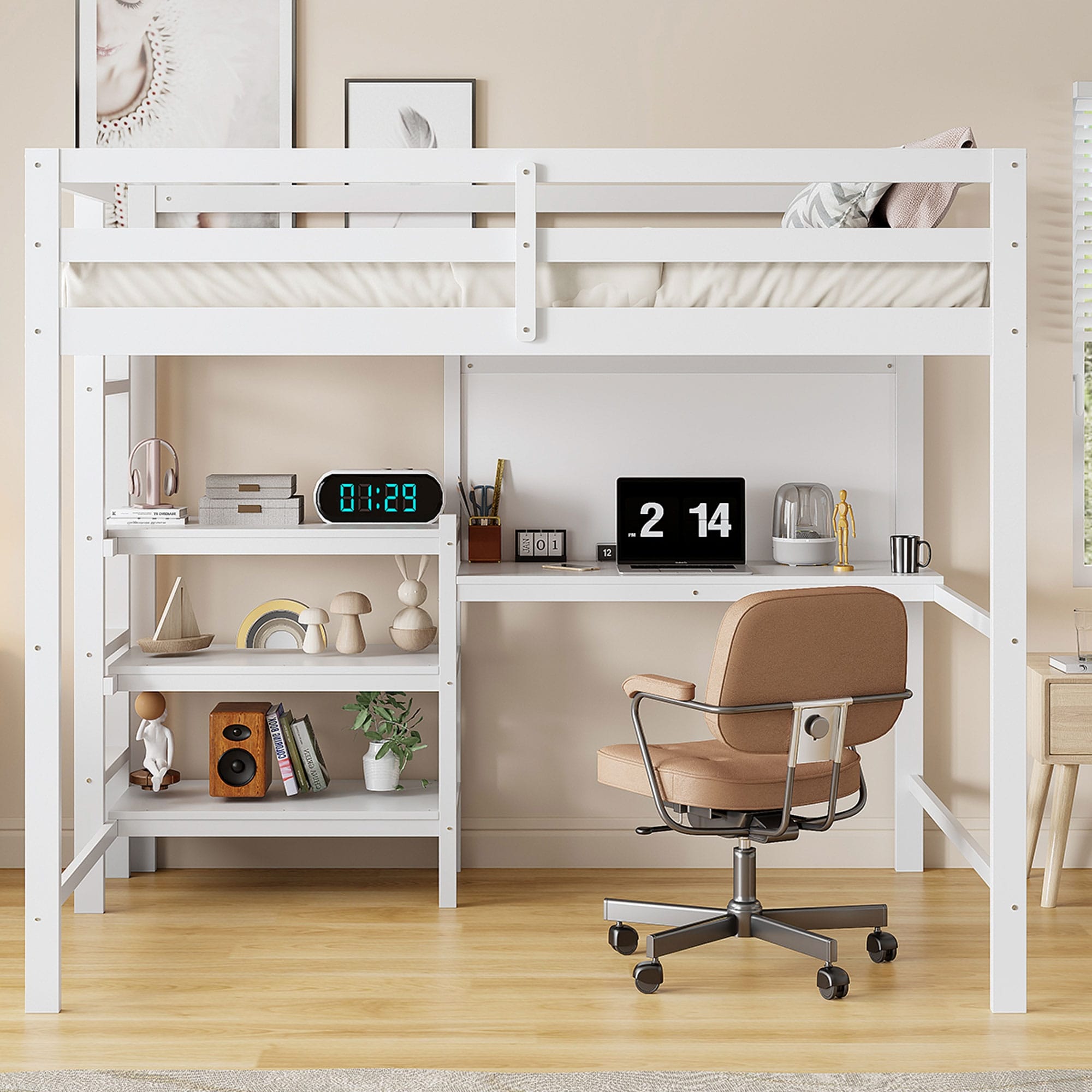 Twin Size Loft Bed with Desk and 3-Tier Shelves, Wooden Loft Bed Frame with Writing Board & Guardrails for Kids, Boys or Girls