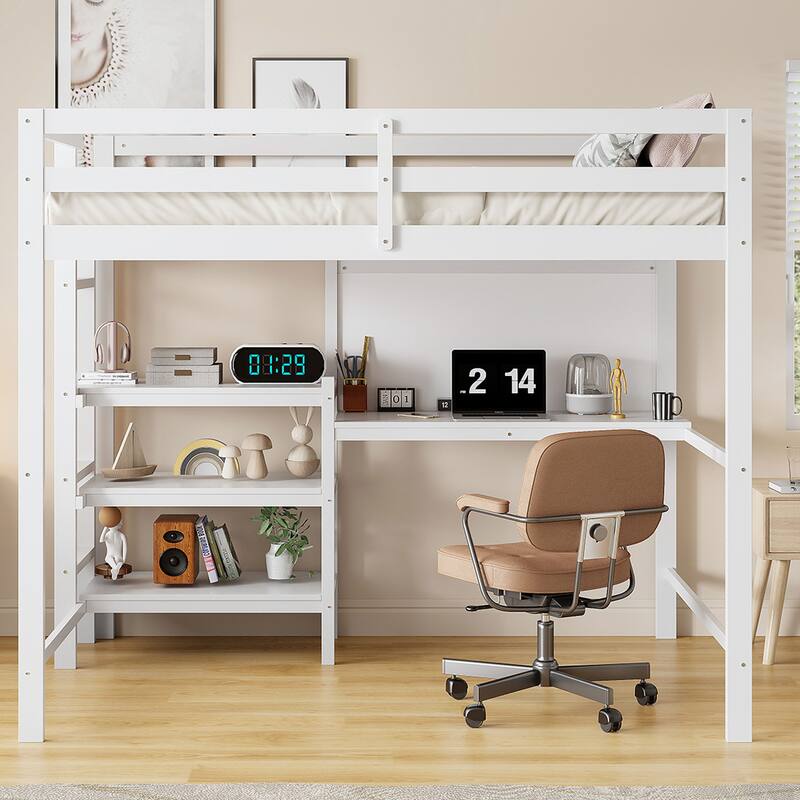 Twin Size Wooden Loft Bed with Built-In Desk, 3-Tier Shelves, Writing Board and Safety Guardrails, Space-Saving Design - White - Twin
