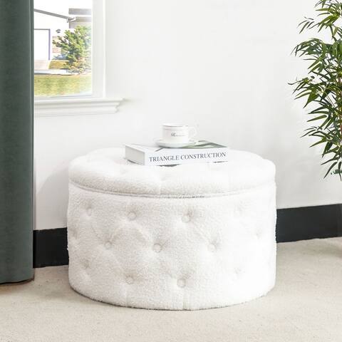 Adeco Round Velvet Button Tufted Storage Ottoman, Footrest Footstool