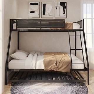 Twin over Full Metal Bunk Bed with Trundle and Textilene Guardrail