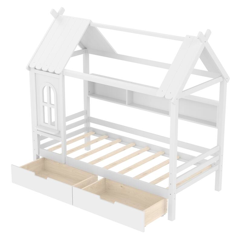 Twin house Beds with Storage Drawers and Window, Solid Wood House Platform Bed Frame with shelves