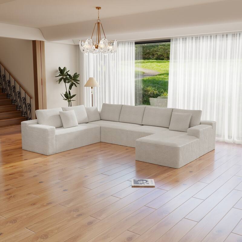 Roomfitters 131.9" Modular Sectional Sofa, 4-Piece Compressed Cloud Couch, No Assembly Required, Plush Corduroy, White