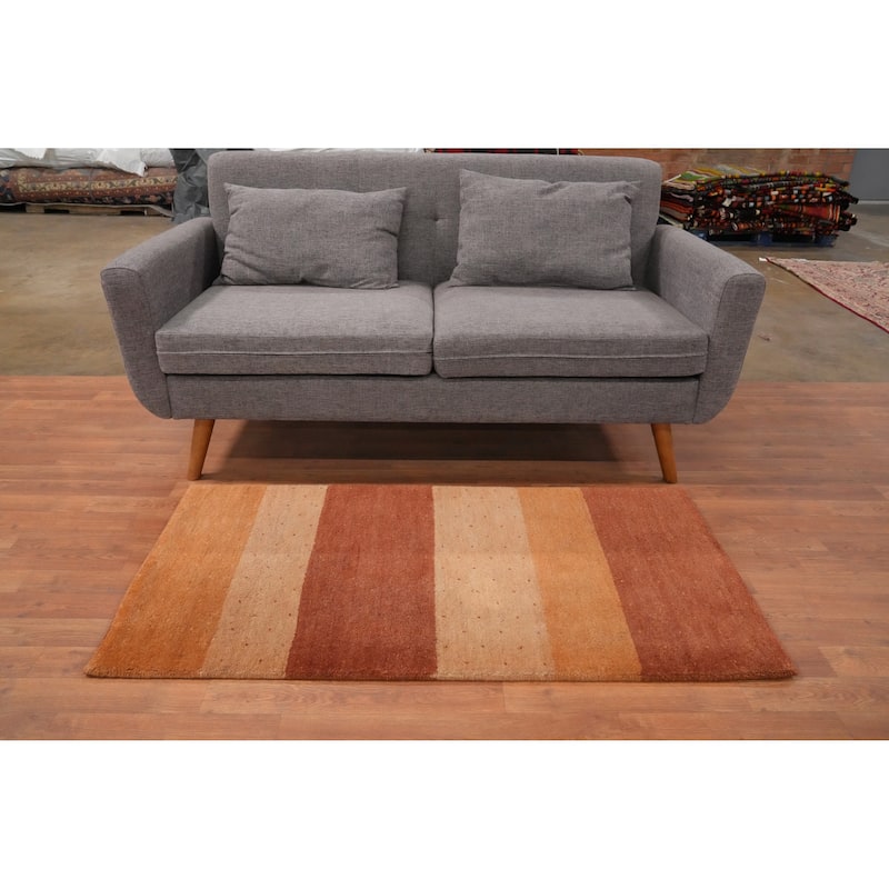 Hand Knotted Oriental 100% Wool Carpet Modern Stripe Oranges & Rust Gabbeh Area Rug - 4' 5'' X 2' 4''