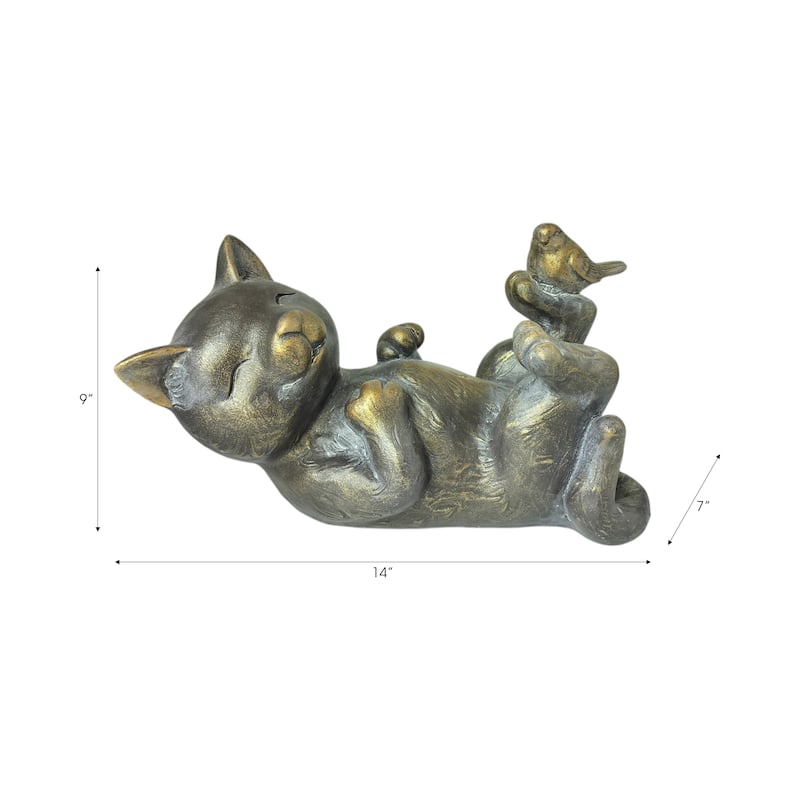 Polyresin Garden Statuary Playful Cat with Bird - 9" Metallic