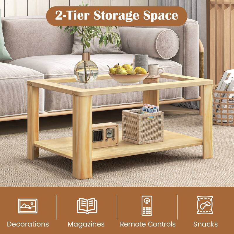 Gymax 2-Tier Coffee Table w/ Tempered Glass Tabletop & Storage Shelf