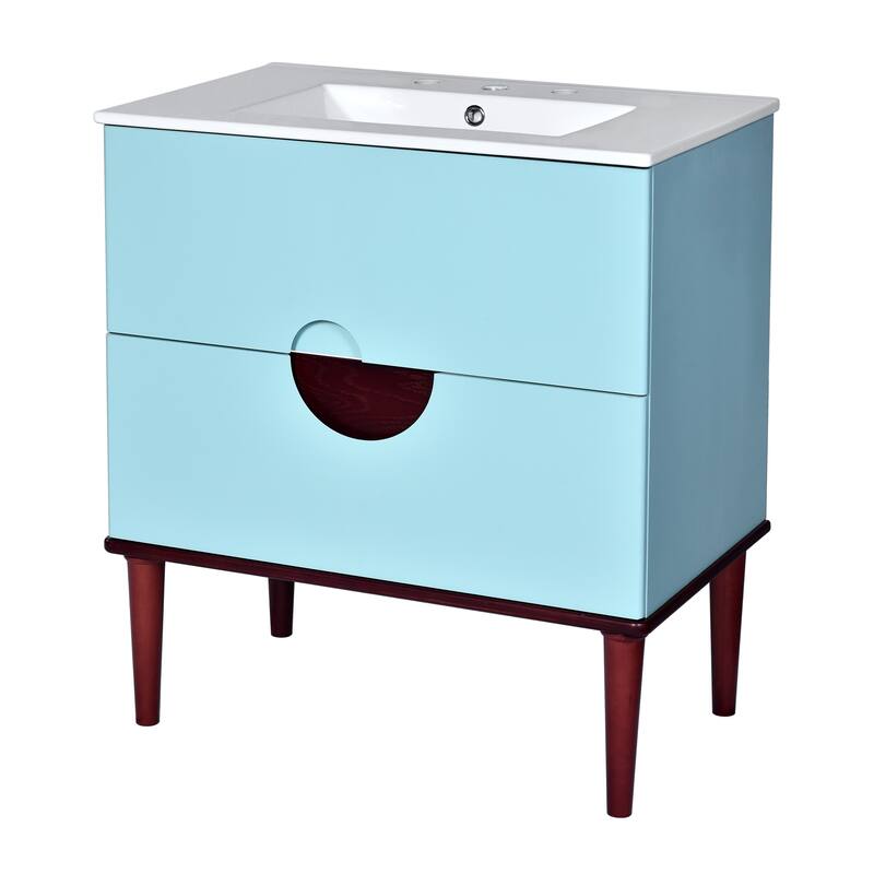 30'' Bathroom Vanity Cabinet with Ceramic Sink Combo Set, Solid Wood Frame Modern Bathroom Storage Cabinet with 2 Drawers, Blue