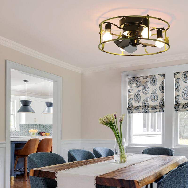 Modern Flush Mount Ceiling Fan Light with Light and 6 Adjustable Wind Speeds, Cage Design for Bedroom and Living Room