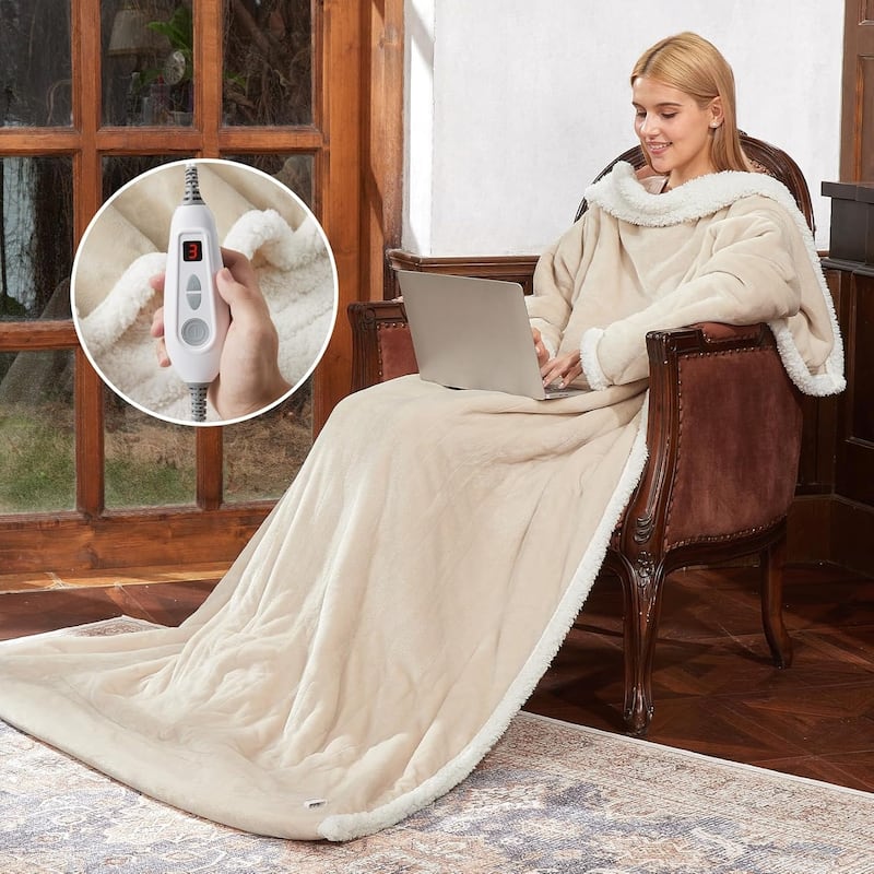Unisex Wearable Heated Blanket With Foot Covers And Sleeves Khaki