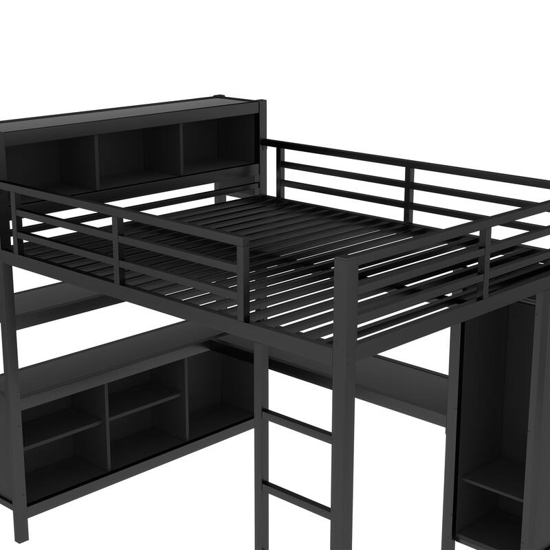 Queen Size Metal Loft Bed with L-Shaped Desk & Wardrobe - 350LB Capacity