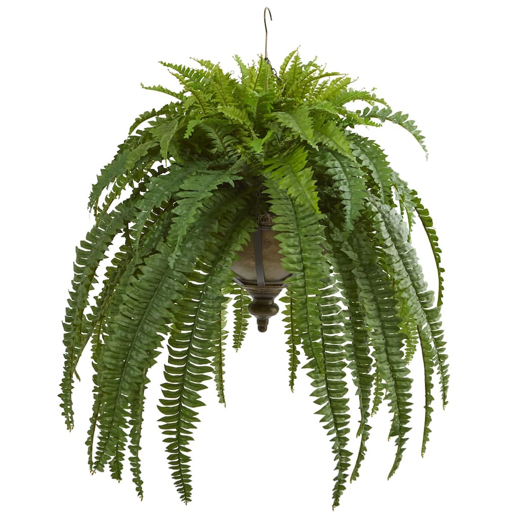 Artificial Hanging Fern Plant Indoor - 39" Tall Metal Bowl Planter - Realistic Fake Tree Decor - Green