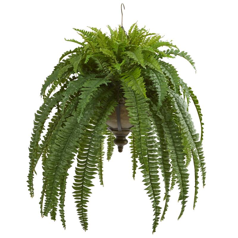 Artificial Hanging Fern Plant Indoor - 39" Tall Metal Bowl Planter - Realistic Fake Tree Decor - Green