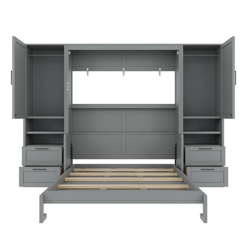 Queen Size Murphy Bed Wall Bed with 2 Wardrobes and 4 Storage Drawers, Foldable Murphy Cabinet Bed w/Open Storage Shelves& Stool