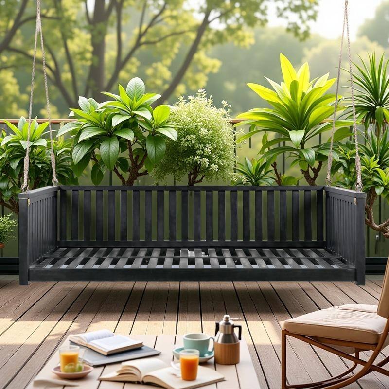 Acacia Wood Twin-Size Porch Swings Bed with 350lb Capacity, Includes Hemp Ropes and Sloped Safety Design - Black