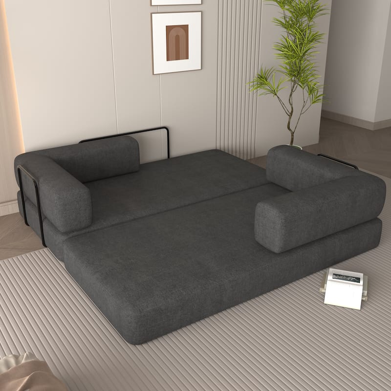 Convertible Floor Sleeper Sofa with Plush Pillows, Mattress Lounge Loveseat, Folding Sofa Bed with Adjustable Armrests - Grey