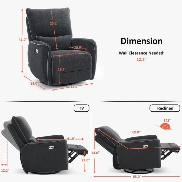 dimension image slide 1 of 3, MCombo Power Swivel Glider Recliner Chair with USB Charging Ports for Living Room and Nursery, Fabric 6922