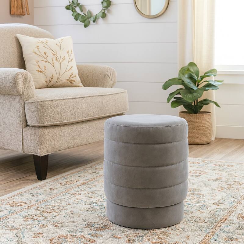 Round Upholstered Ottoman - Compact Pouf Footstool - 19", Grey
