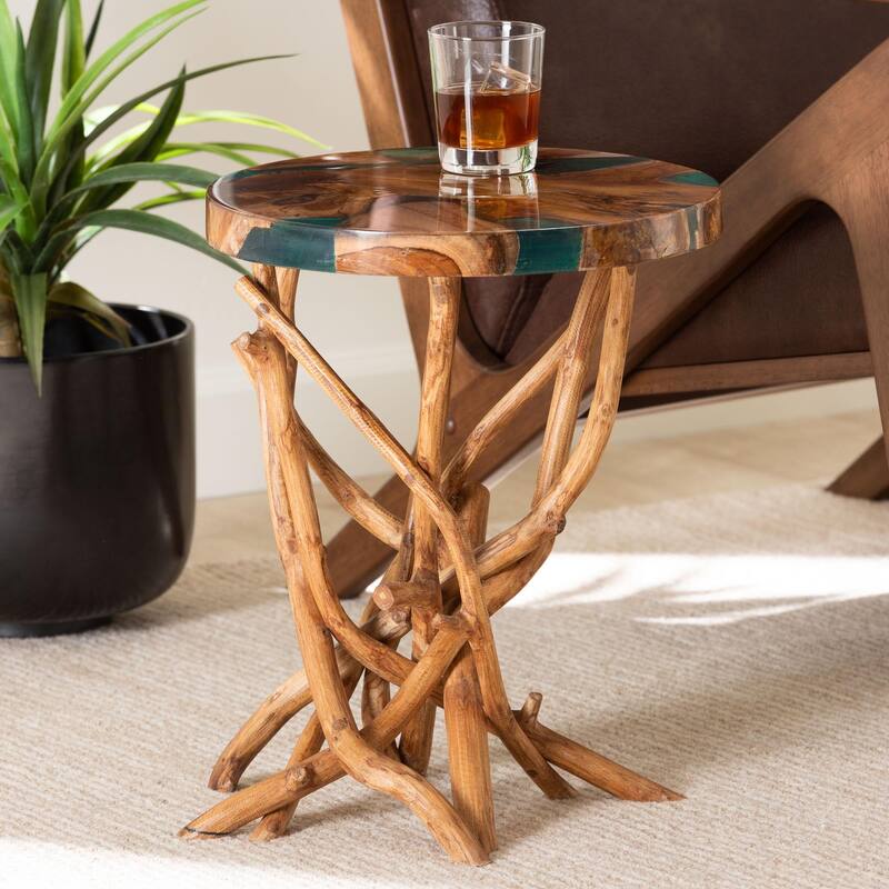 Amada Teak Wood Epoxy Resin End Table - Round Live Edge Side Table with Branch Legs, Handcrafted Modern Rustic Accent Table