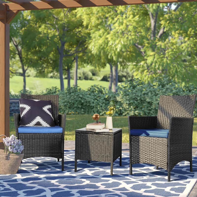Vrakae 3 Piece Patio Rattan Wicker Furniture Set - Navy Blue