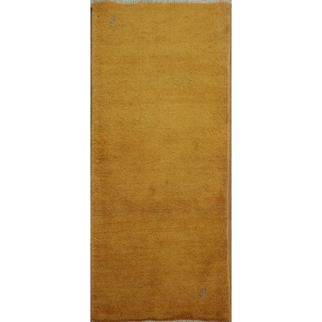 Hand Knotted Oriental 100% Wool Carpet Tribal Abstract Yellow & Gold Gabbeh Runner Rug - 6' 8'' X 2' 11''