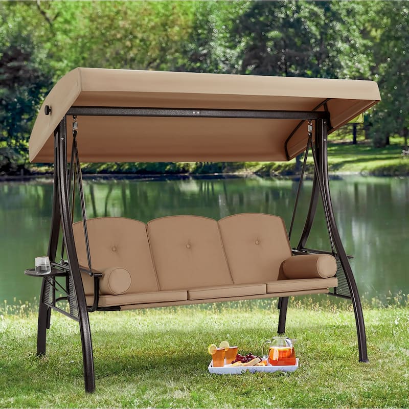 3-Seat Patio Swing with Adjustable Canopy, 750lbs Heavy Duty, Convertible Outdoor Bed, All-Weather, Cup Holders & Thick Cushions