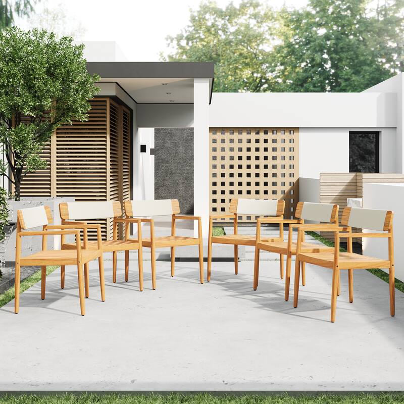 Roomfitters 4-Piece Outdoor Braided Acacia Wood Chairs Teak Look and Rope Weave Armchairs for Garden Backyard Poolside