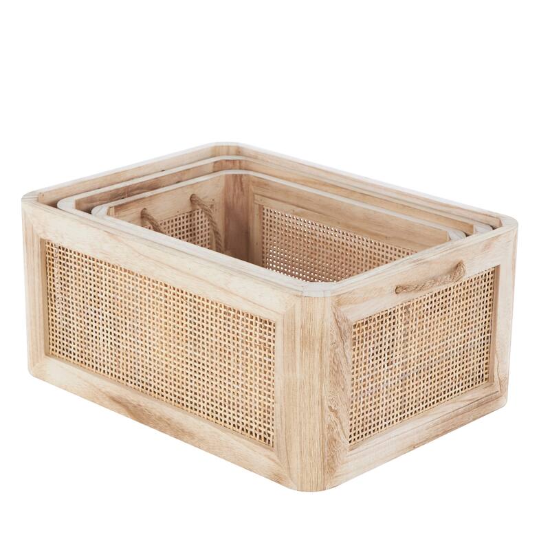 Light Brown Wood Storage Basket with Rope Handles (Set of 3)