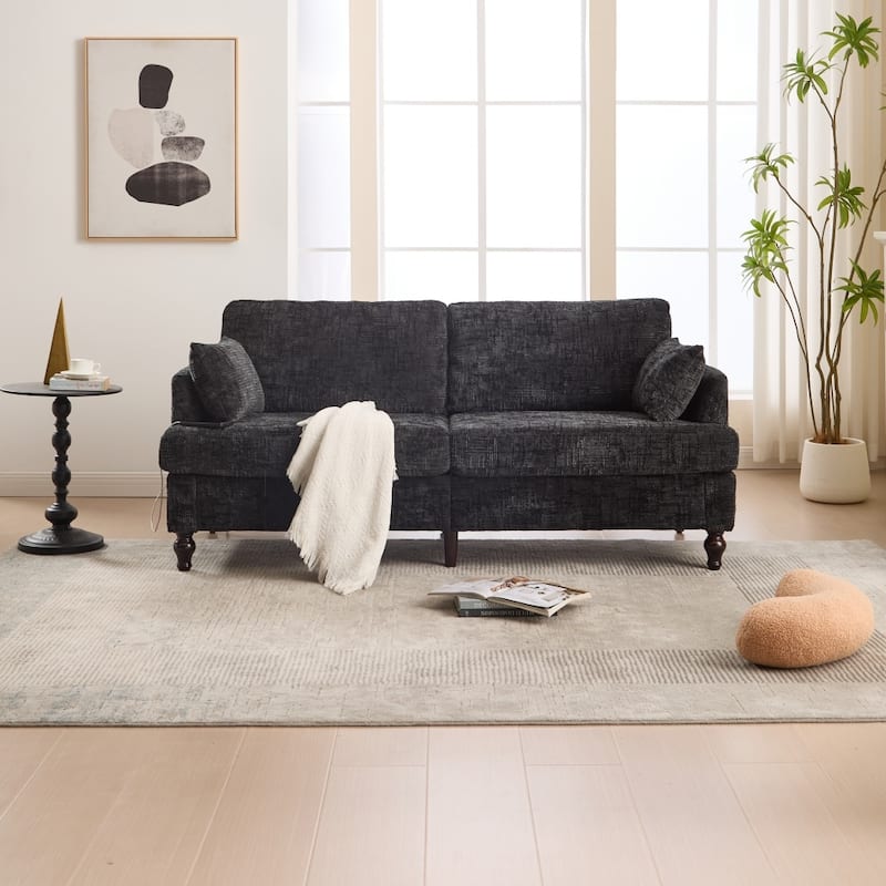 Modern Chenille 2-Seater Wood-Legged Sofa with LED light, USB Charging Port and Storage Bag