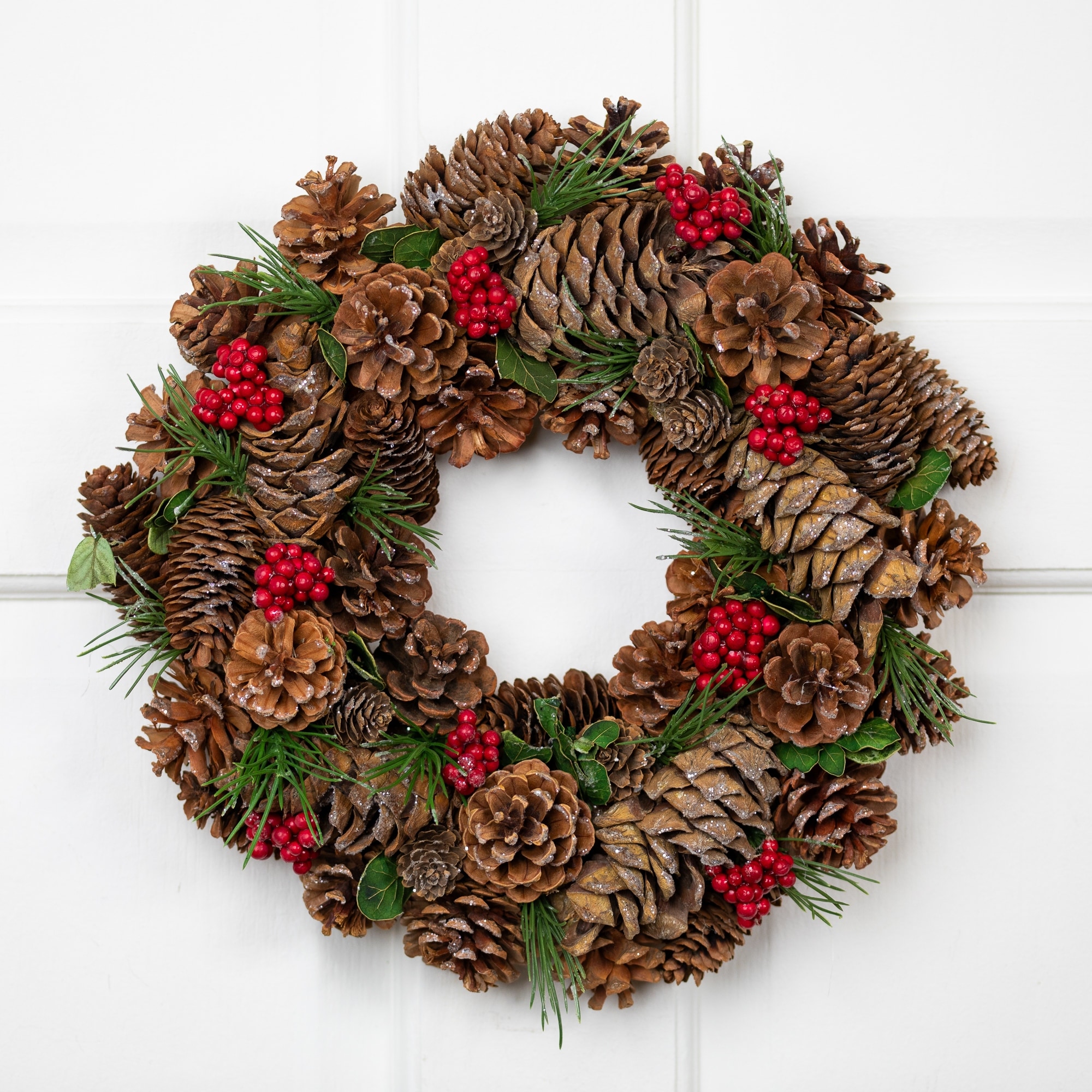 Frosted Pinecone Red Berry Small Artificial Christmas Wreath 13" Unlit