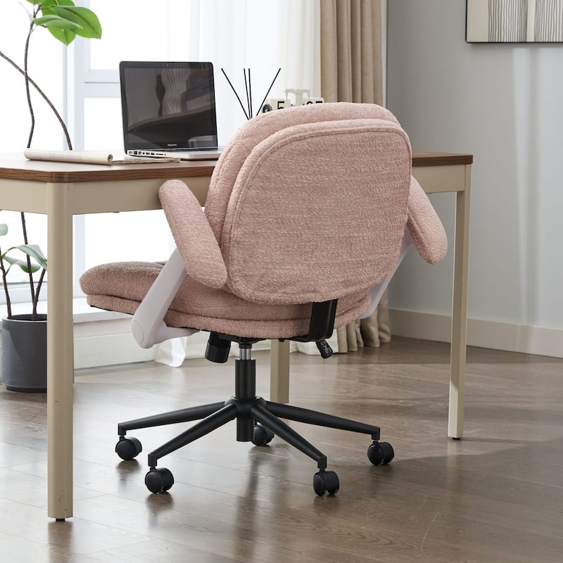 Pink Swivel Chair with Flip-Up Armrests and Crossed Legs