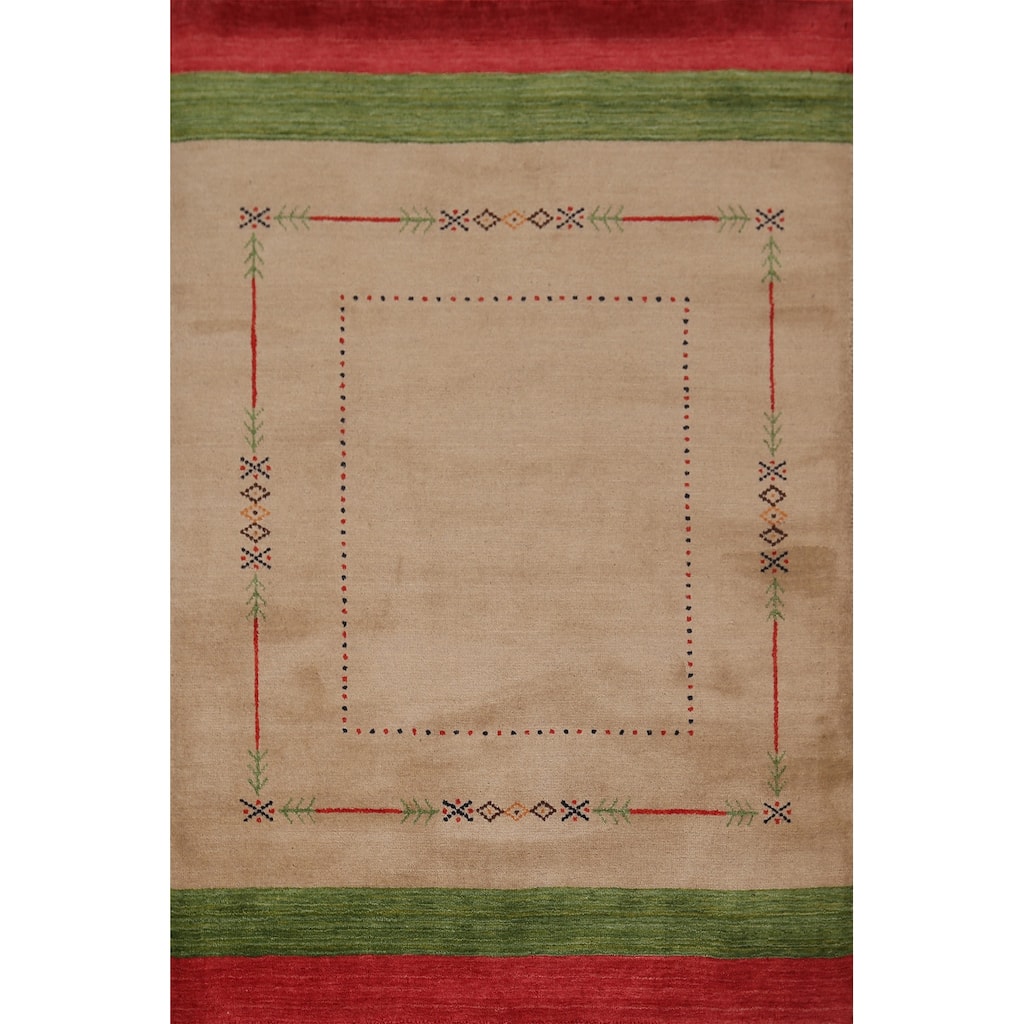 Beige Tribal Gabbeh Oriental Accent Rug Handmade Wool Carpet - 4'2"x 5'8"