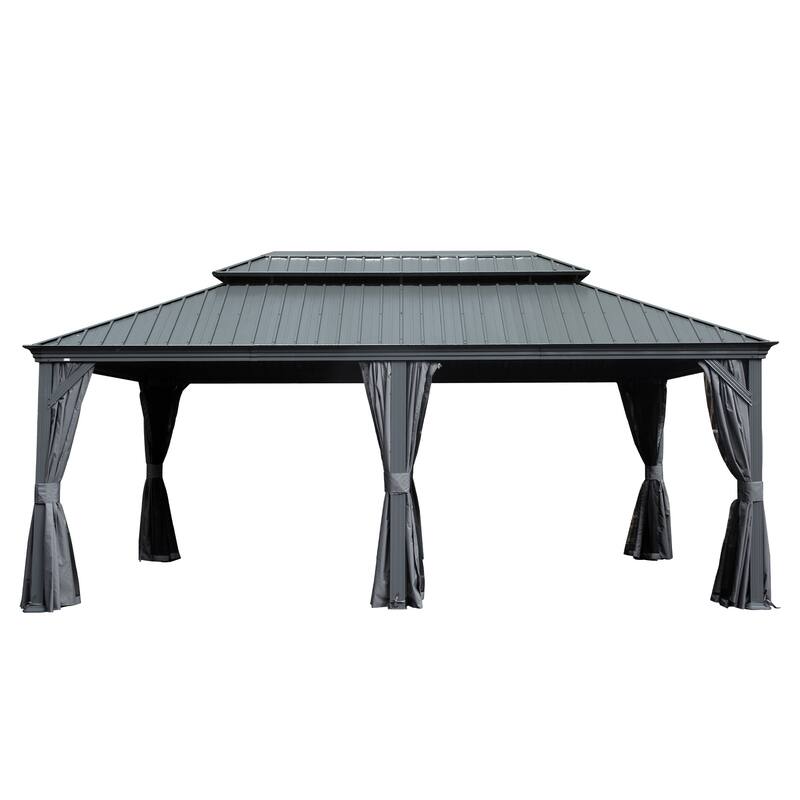 12' X 18' Hardtop Gazebo with Galvanized Steel Double Roof, Aluminum Frame, Curtains and Netting for Patio, Deck, Garden, Grey - Grey