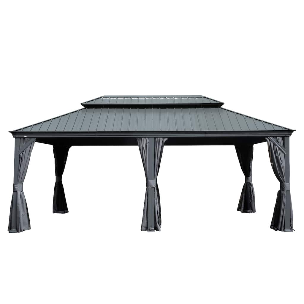 12' X 20' Hardtop Gazebo with Drainage System, Galvanized Steel Roof, Curtains, and Netting for Outdoor Patio, Garden