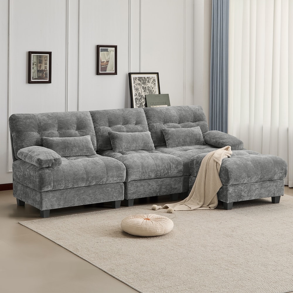 GDFStudio - 4-Piece Adjustable Backrest 93" Chenille Sofa with Ottoman and 3 Throw Pillows